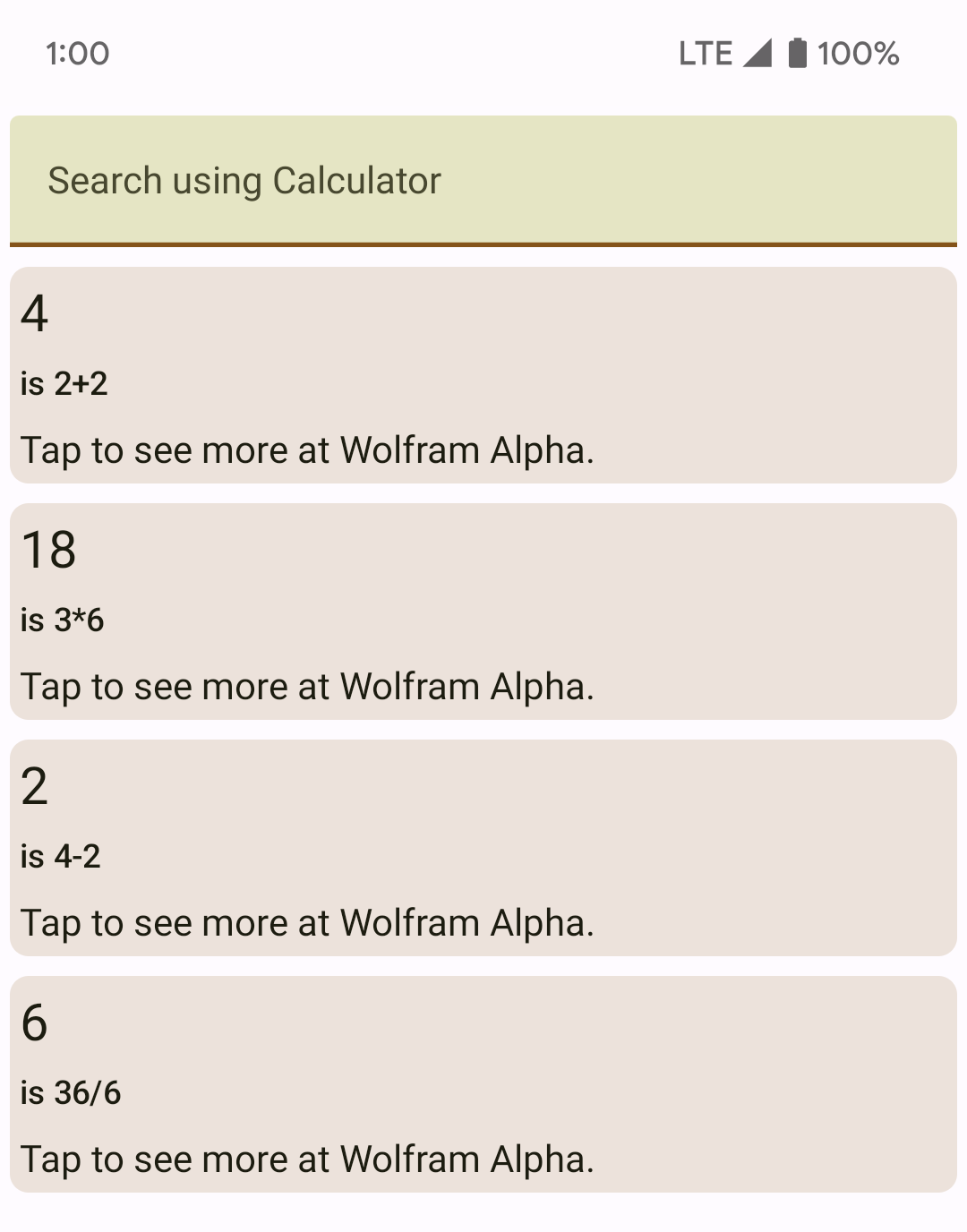 Image of Gugal's search results page showing 4 results with performed calculations: 4 is 2+2, 18 is 3*6, 2 is 4-2, 6 is 36/6