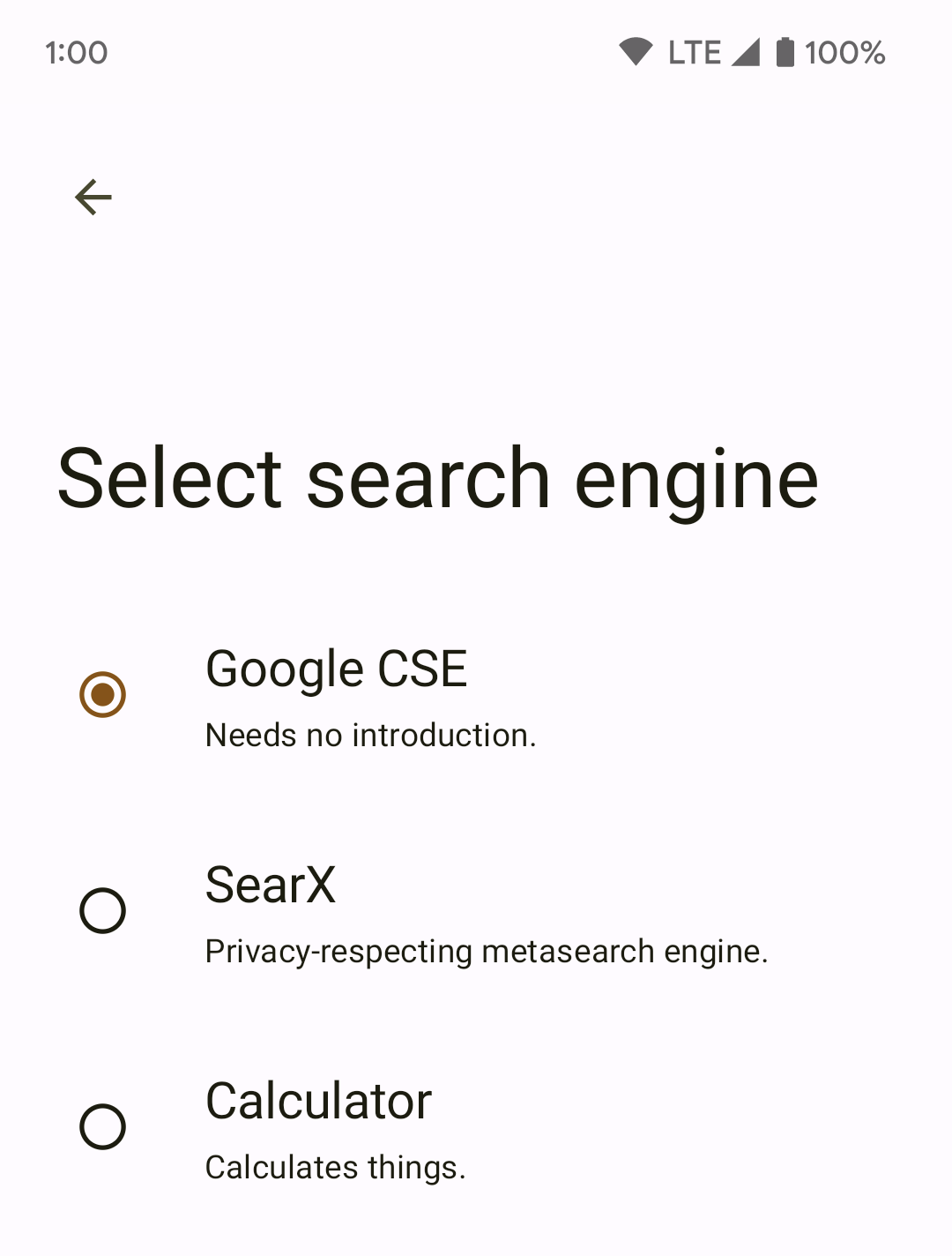 Image of Gugal's SERP provider selection page showing 3 providers: Google, SearX and Calculator