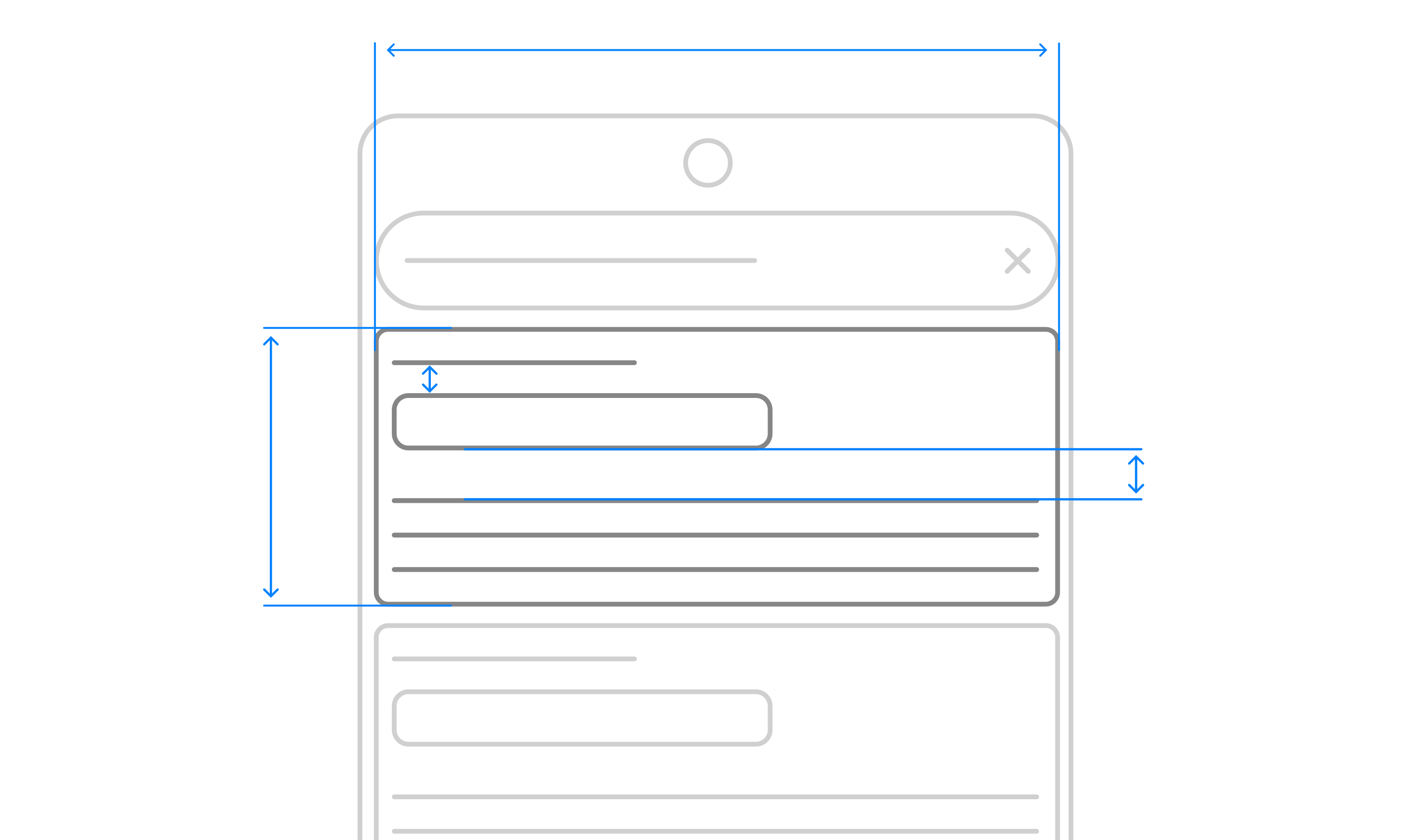 A wireframe of an Android phone. It shows a wireframe of Gugal's search results page, with extra blueprint-like lines around the first result.